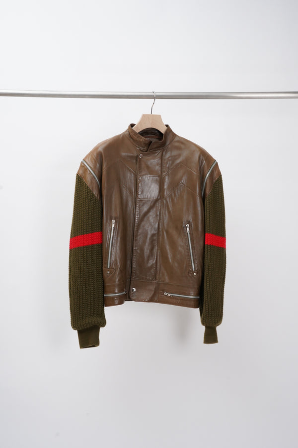 80's "Claude Montana" -Lamb Leather/Wool Knit Switched Zip-up Jacket-