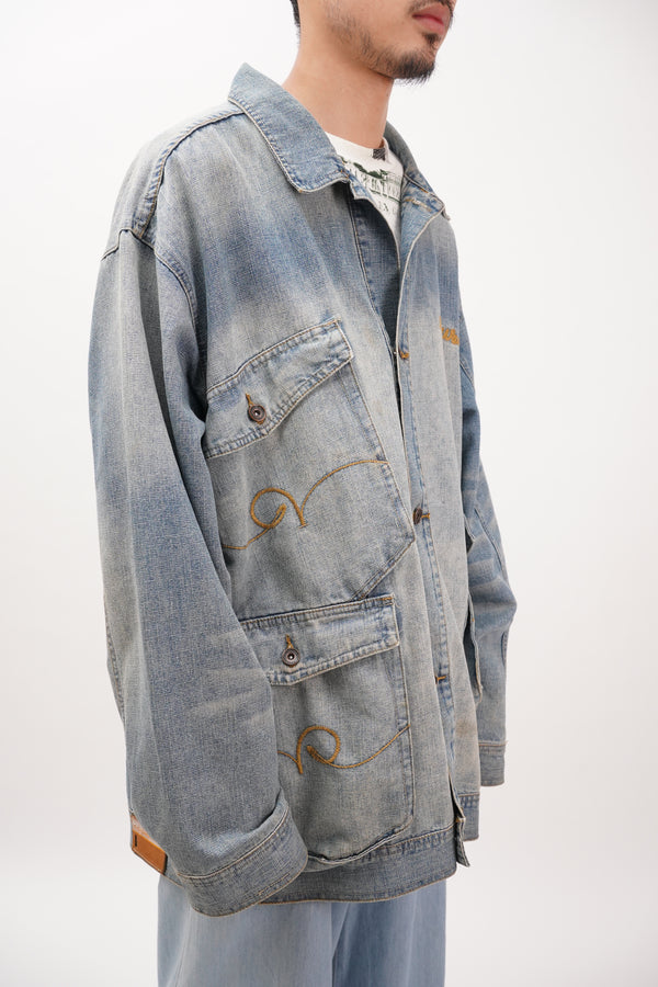 2000's "ROCAWEAR" -Cotton/Poly Slub Denim Trucker Jacket-