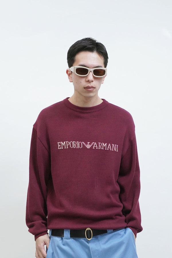 90's "EMPOLIO ARMANI" -Logo Design C/N Cotton Knit Sweater-