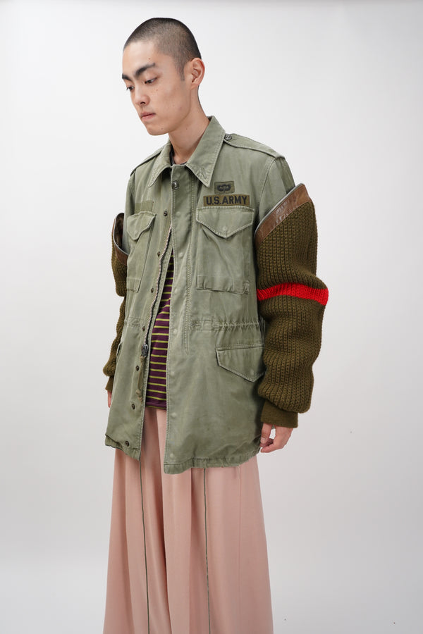 80's "Claude Montana" -Lamb Leather/Wool Knit Switched Zip-up Jacket-