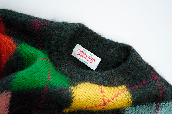 80's "UNITED COLOR OF BENETTON" -Argyle Pattern Crew Neck Mohair Knit Sweater-