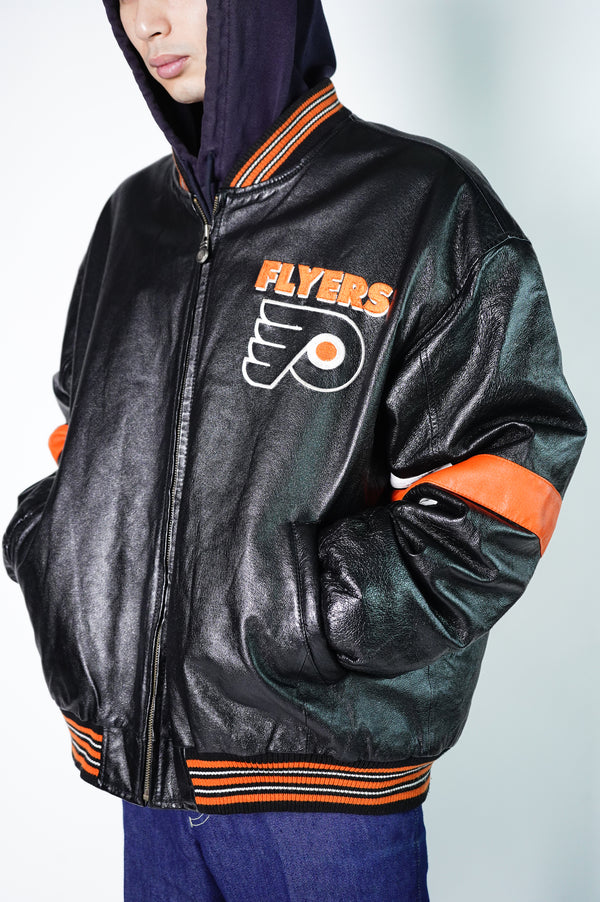 90's "Philadelphia Flyers" -Logo Embroidery Leather Studium Jacket-