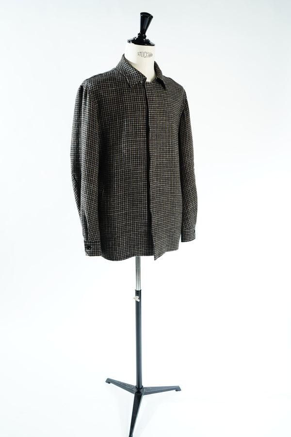 -Brown Check Pattern Fly Front Shirt Jacket-