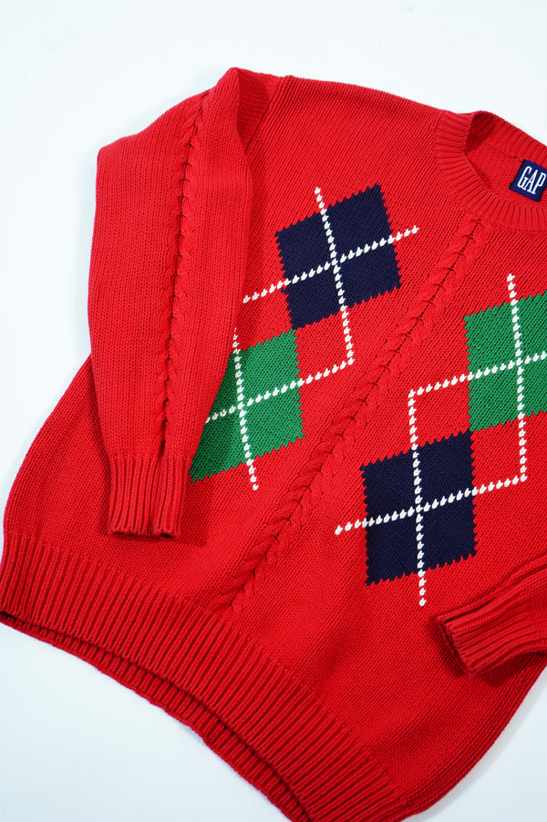 90's "GAP" -Argyle Patterned Crew Neck Cotton Knit Sweater-