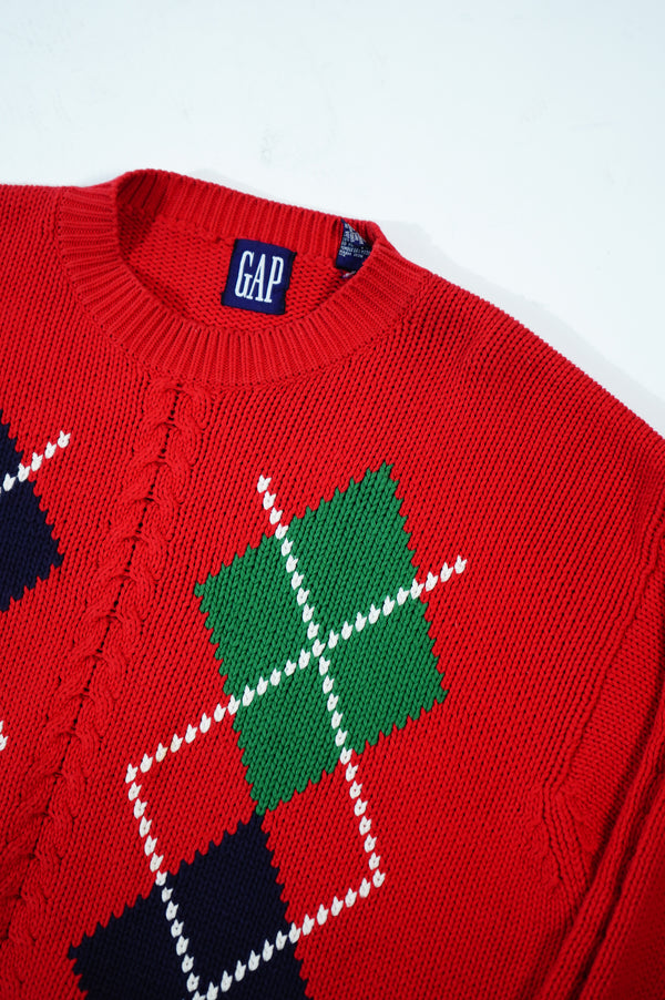 90's "GAP" -Argyle Patterned Crew Neck Cotton Knit Sweater-