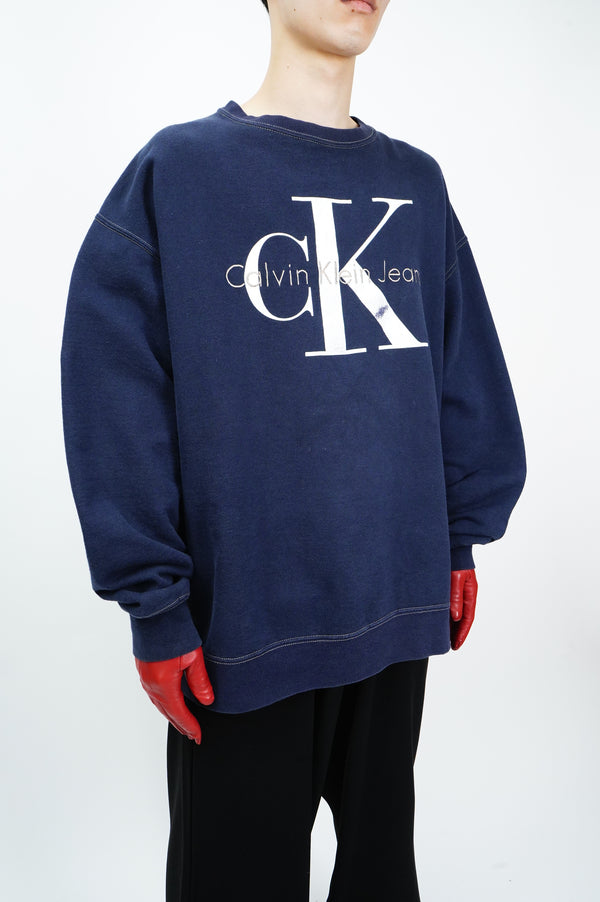 90’s "Calvin Klein" -Logo Embroidery/Printed Crew Neck Sweat Shirt-