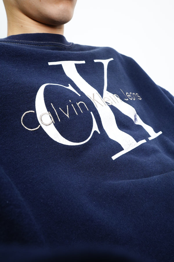 90’s "Calvin Klein" -Logo Embroidery/Printed Crew Neck Sweat Shirt-