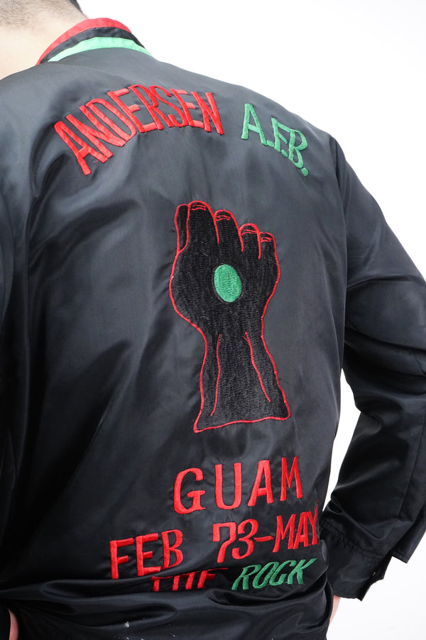 70's "UNKNOWN" -"ANDERSEN A.F.B." Black Power Embroidery Nylon Jacket-