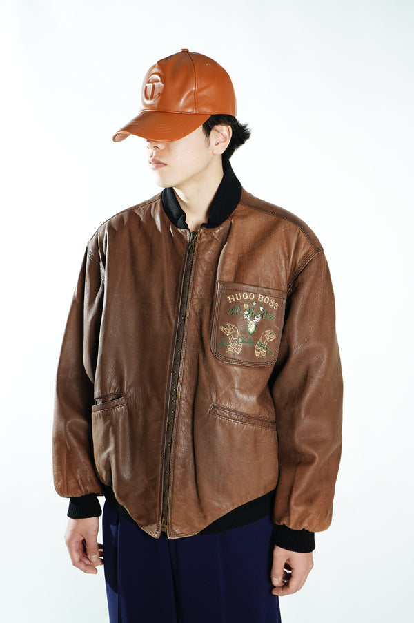 90's "HUGO BOSS" -"St. Moritz" Embroidery Leather Jacket-