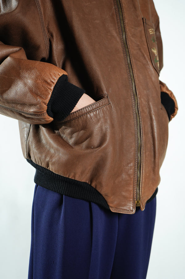 90's "HUGO BOSS" -"St. Moritz" Embroidery Leather Jacket-