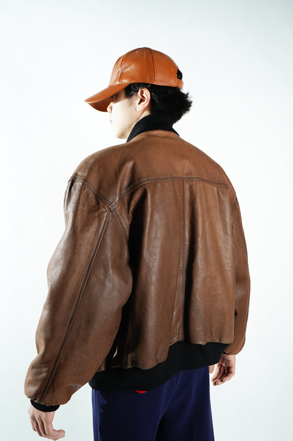 90's "HUGO BOSS" -"St. Moritz" Embroidery Leather Jacket-