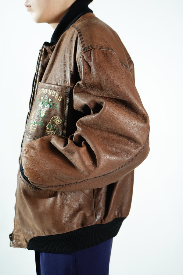90's "HUGO BOSS" -"St. Moritz" Embroidery Leather Jacket-