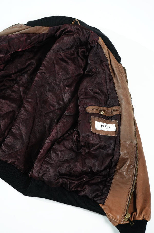 90's "HUGO BOSS" -"St. Moritz" Embroidery Leather Jacket-