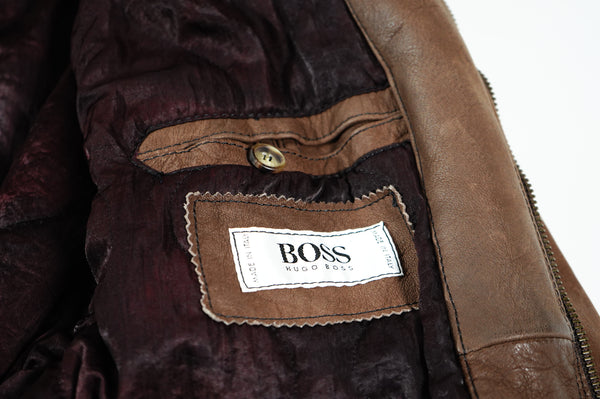90's "HUGO BOSS" -"St. Moritz" Embroidery Leather Jacket-