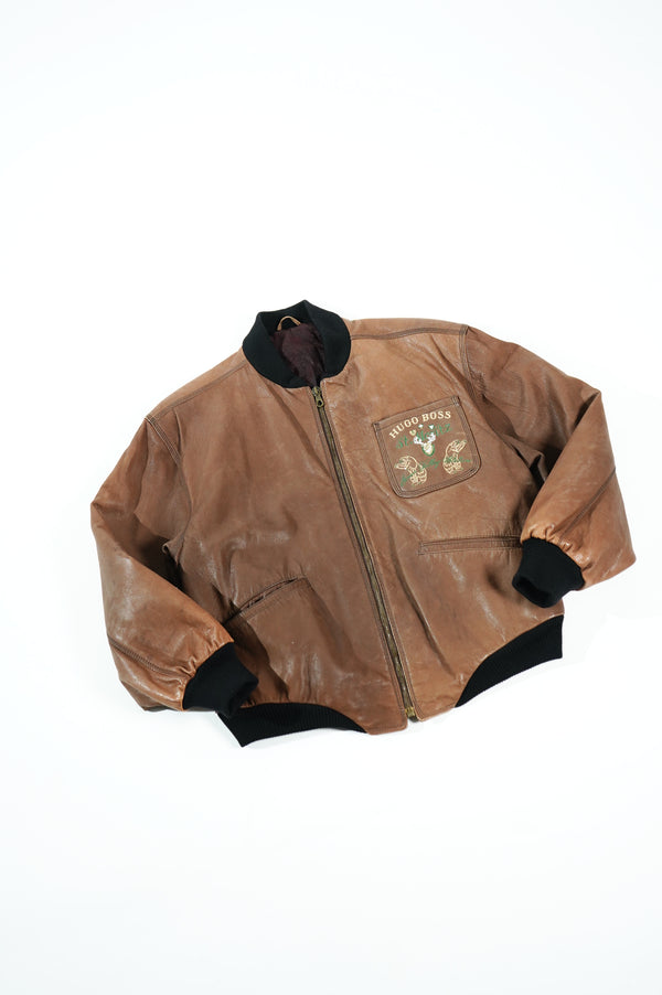 90's "HUGO BOSS" -"St. Moritz" Embroidery Leather Jacket-