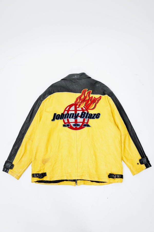 90’s “Johnny Blaze” -Logo Wappen Design Leather Jacket-