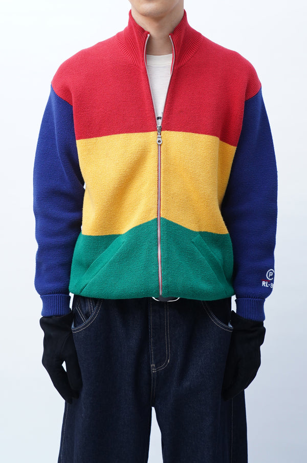 90's "RALPH LAUREN" -Multi Border Zip-up Cotton Knit Sweater-