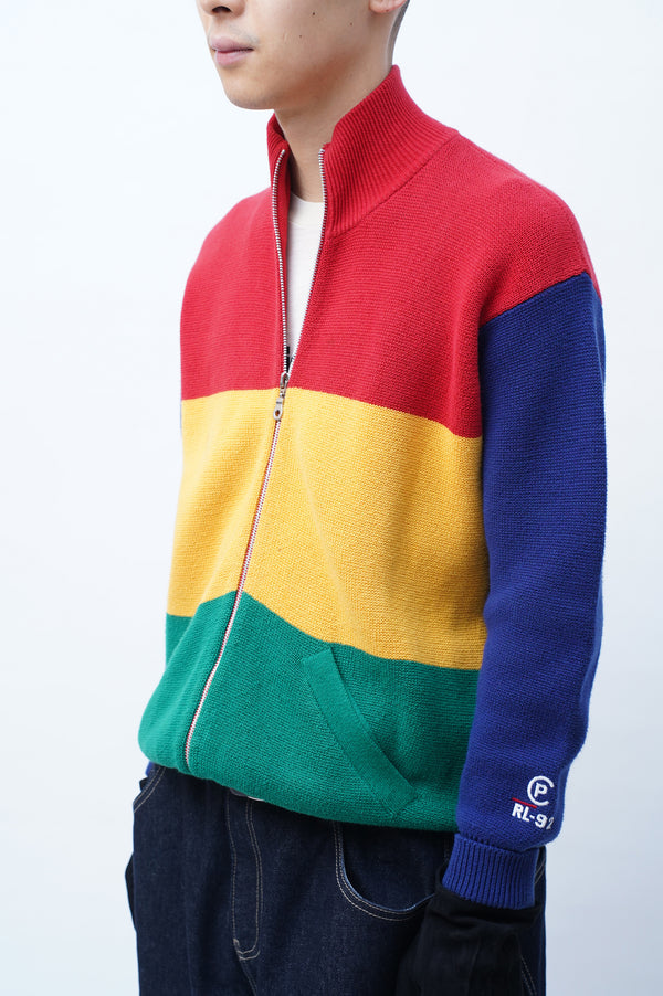 90's "RALPH LAUREN" -Multi Border Zip-up Cotton Knit Sweater-