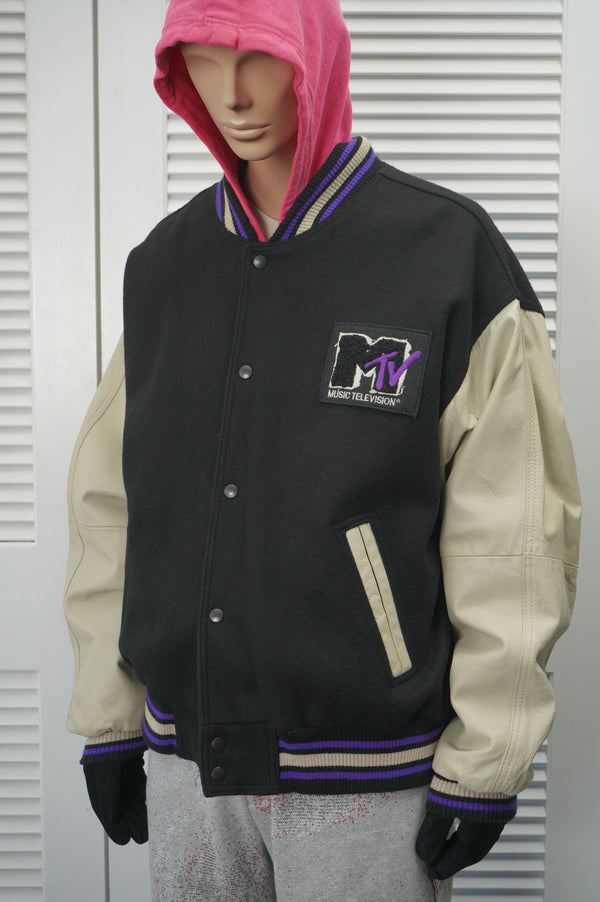 90's "MTV" -Leather/Melton Stadium Jacket-