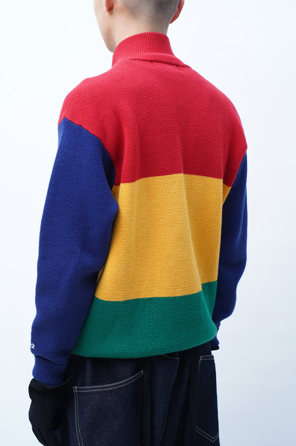 90's "RALPH LAUREN" -Multi Border Zip-up Cotton Knit Sweater-
