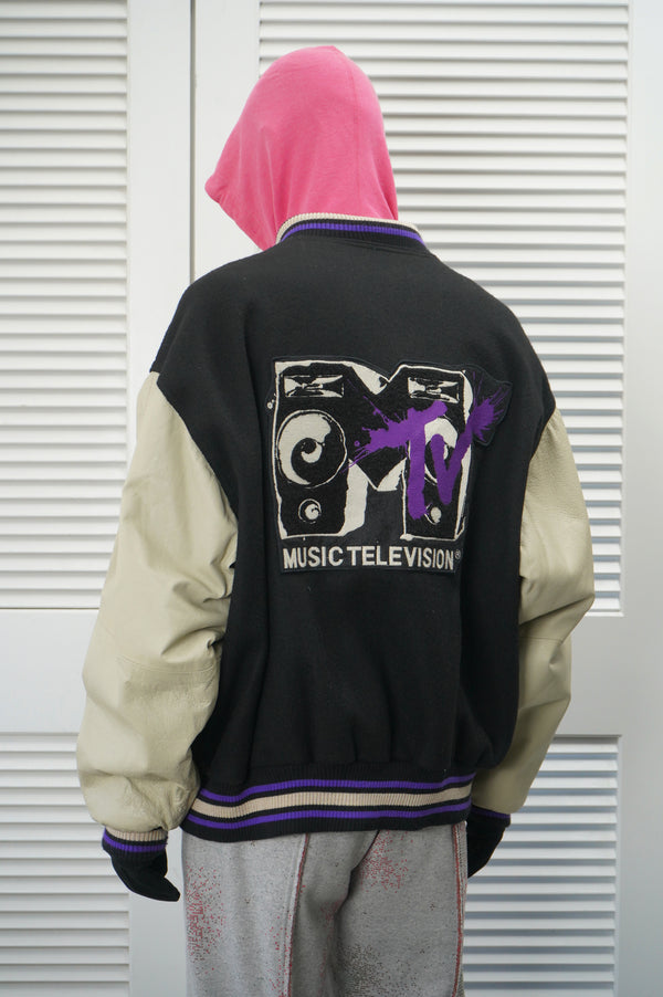 90's "MTV" -Leather/Melton Stadium Jacket-