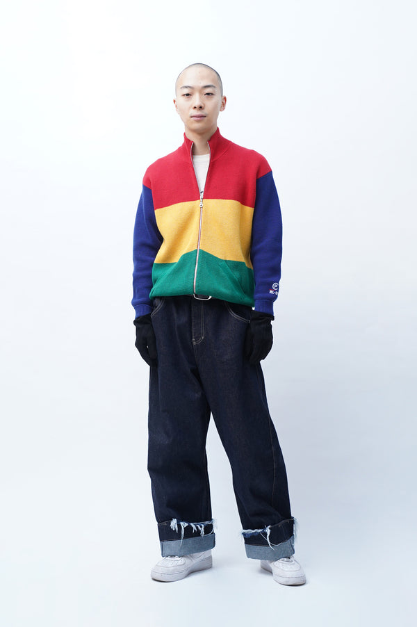 90's "RALPH LAUREN" -Multi Border Zip-up Cotton Knit Sweater-
