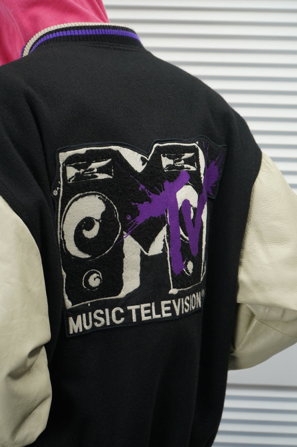90's "MTV" -Leather/Melton Stadium Jacket-