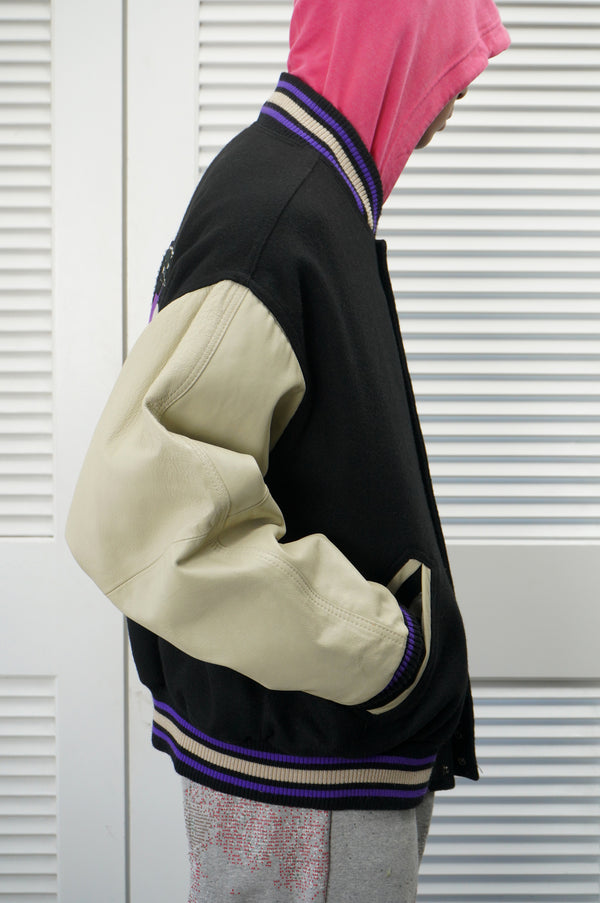 90's "MTV" -Leather/Melton Stadium Jacket-