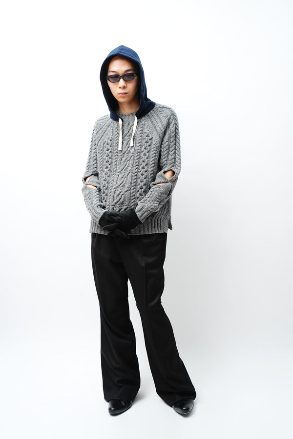 -KNITTED WOOL HOODED CABLE JUMPER-