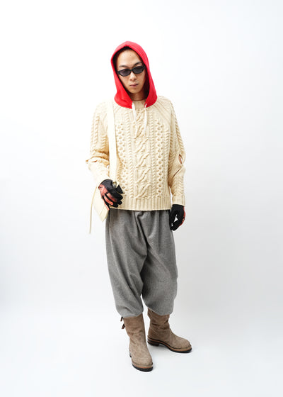 -KNITTED WOOL HOODED CABLE JUMPER-