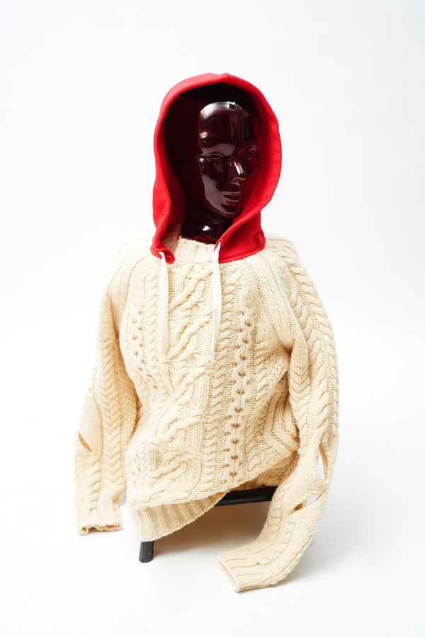 -KNITTED WOOL HOODED CABLE JUMPER-