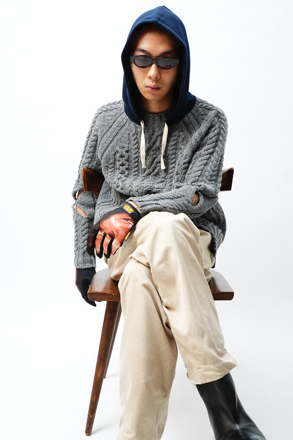 -KNITTED WOOL HOODED CABLE JUMPER-