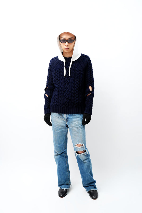 -KNITTED WOOL HOODED CABLE JUMPER-
