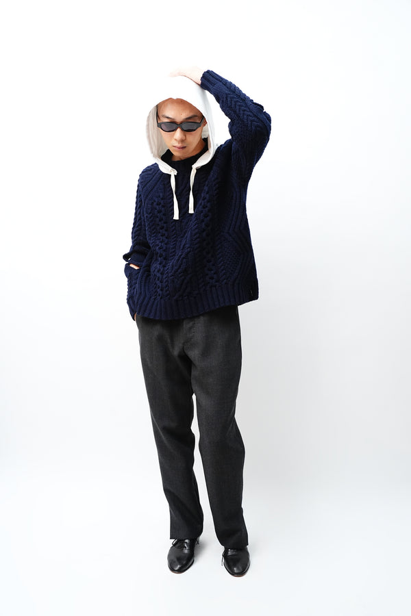 -KNITTED WOOL HOODED CABLE JUMPER-
