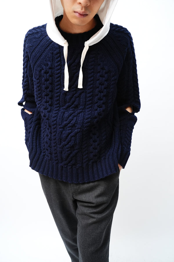 -KNITTED WOOL HOODED CABLE JUMPER-