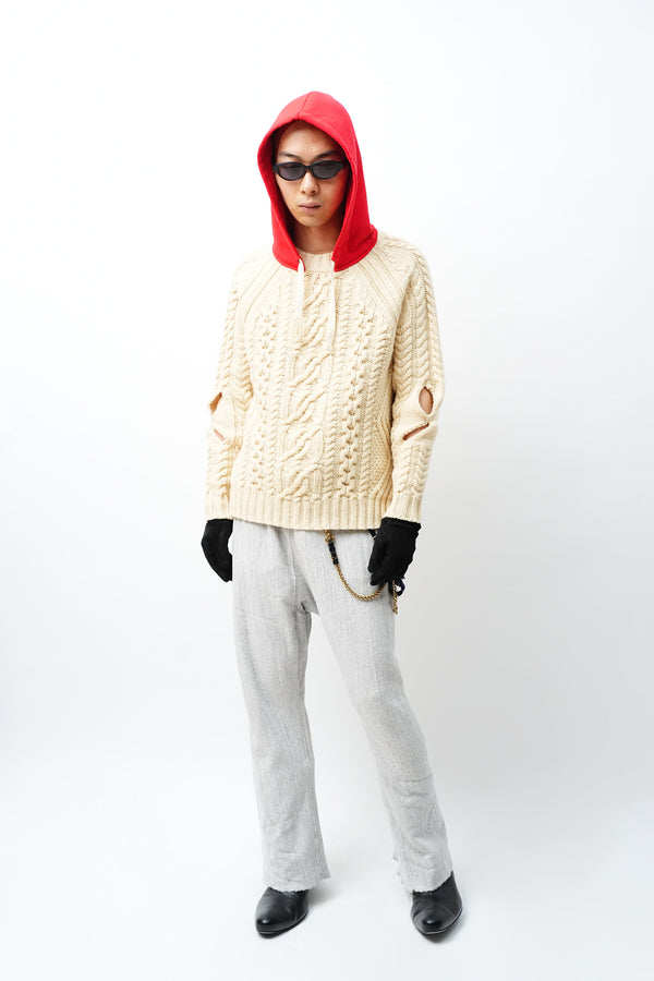 -KNITTED WOOL HOODED CABLE JUMPER-