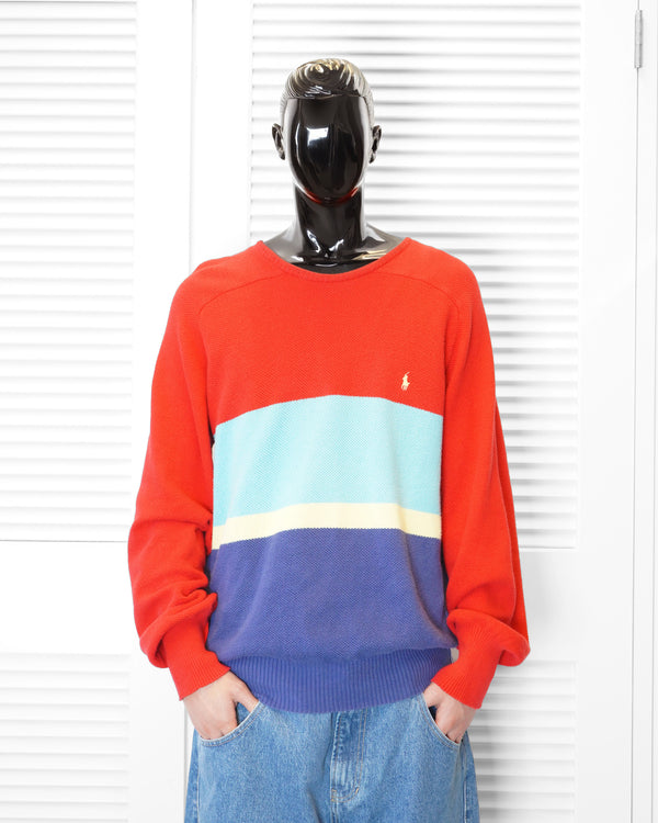 90's "POLO by RALPH LAUREN" -Multi Border Crew Neck Cotton Knit Sweater -