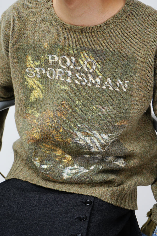 80-90’s "POLO COUNTRY RALPH LAUREN" -Printed Crew Neck Wool Knit Sweater-