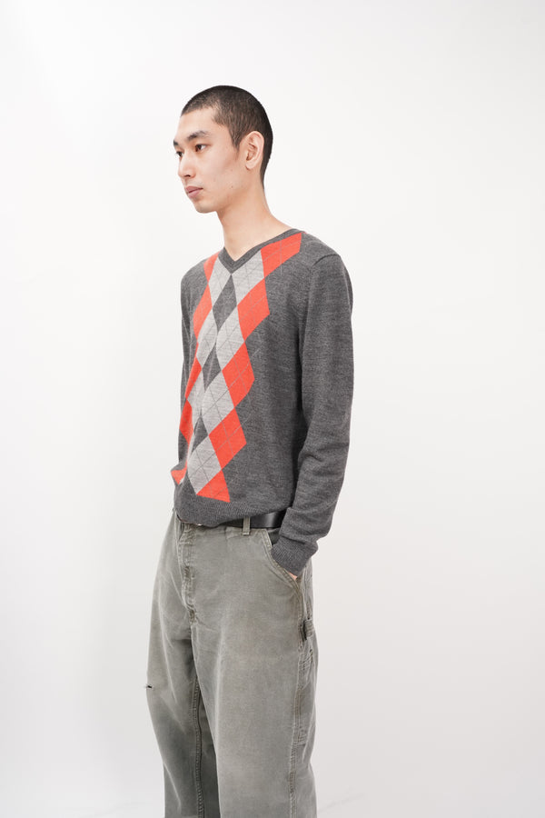 "UNKNOWN" -Argyle Pattern Knit Sweater-