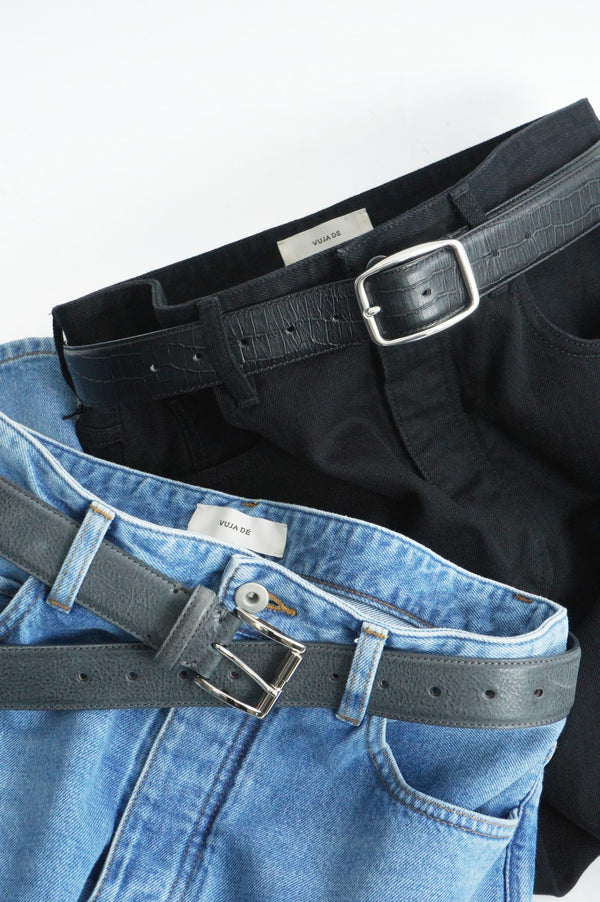 -ROLLER BUCKLE WAXED LEATHER BELT-