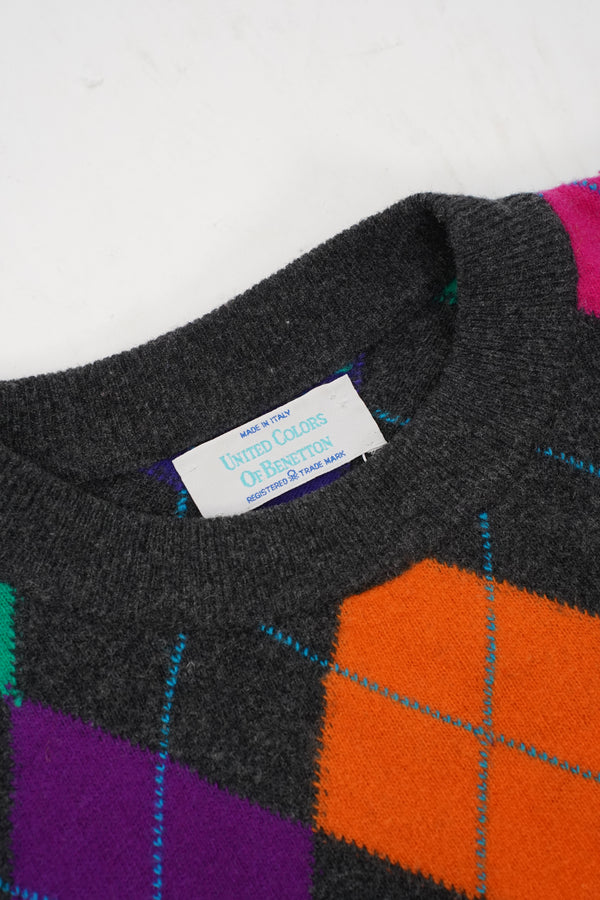 80's "UNITED COLORS OF BENETTON" -Argyle Pattern C/N Wool/Nylon Knit Sweater-