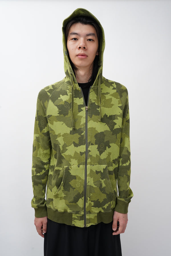 "Lng Roots and Equipment" -Leaf Pattern Thermal Zip-up Hoodie-