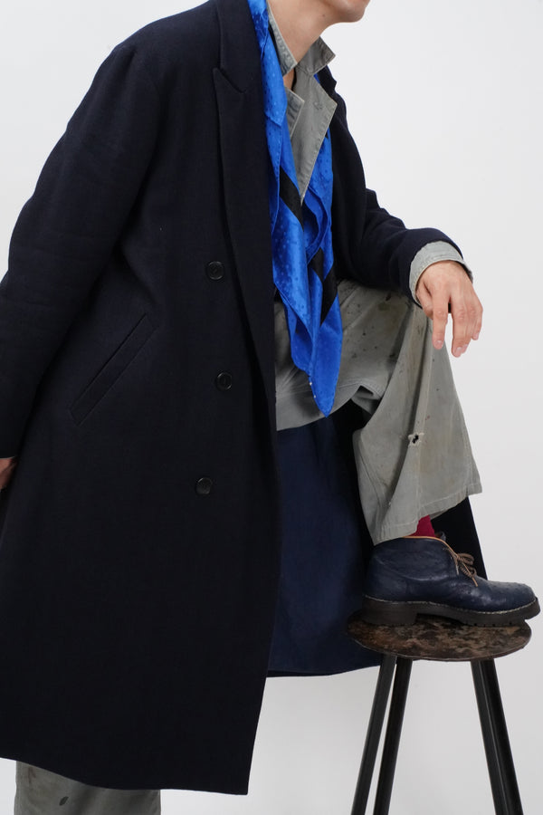 -DARK BLUE HERRINGBONE WOOL 6BW LONG COAT-