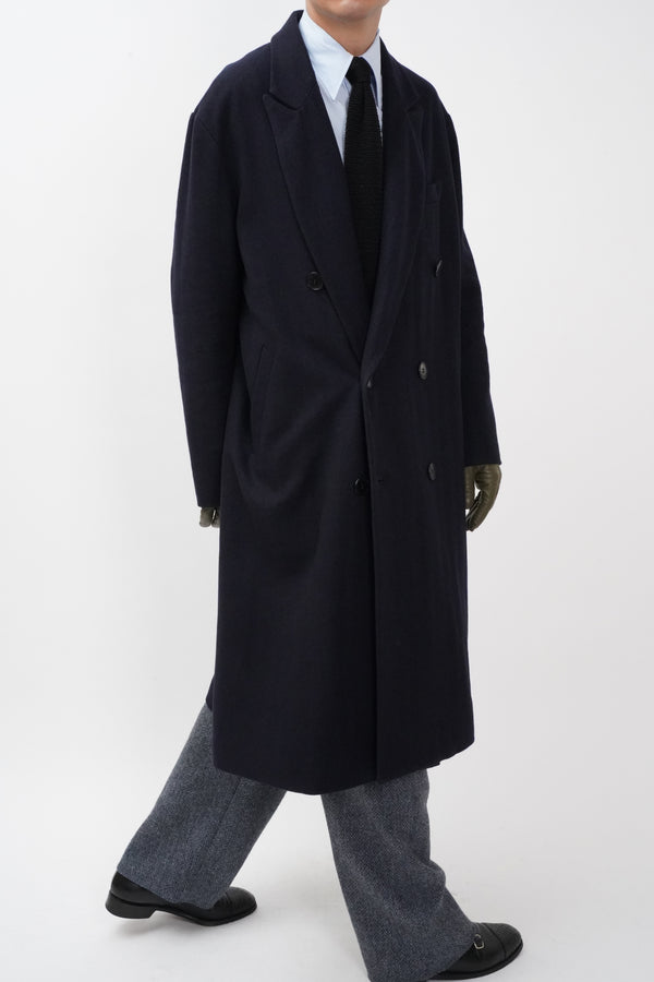 -DARK BLUE HERRINGBONE WOOL 6BW LONG COAT-