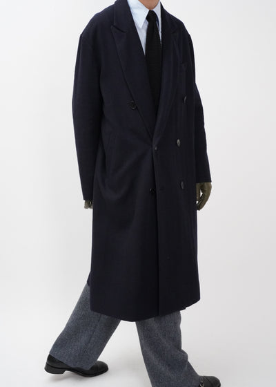 -DARK BLUE HERRINGBONE WOOL 6BW LONG COAT-