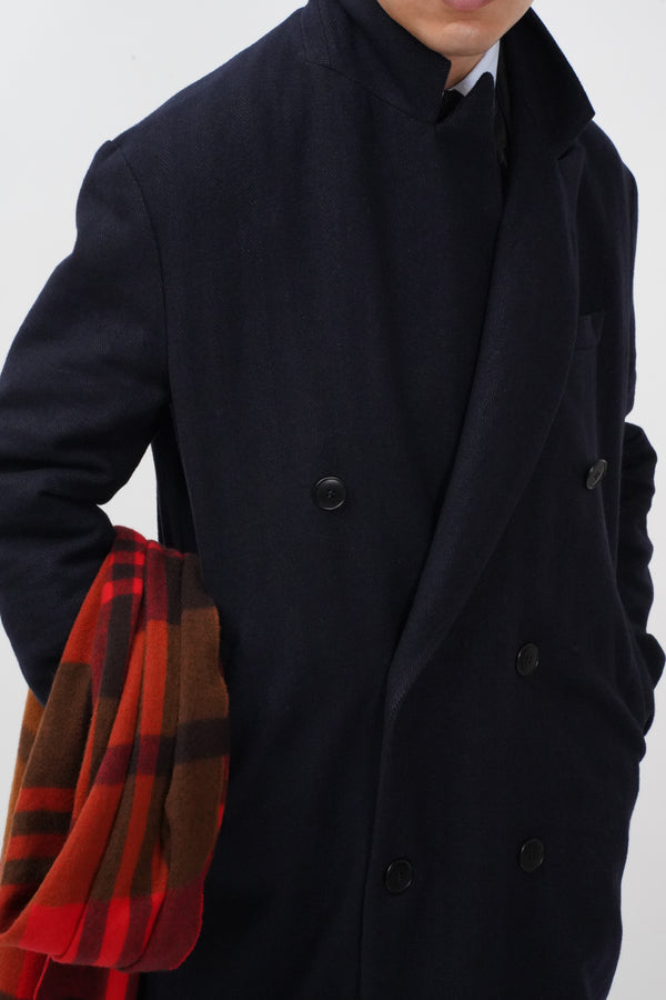 -DARK BLUE HERRINGBONE WOOL 6BW LONG COAT-