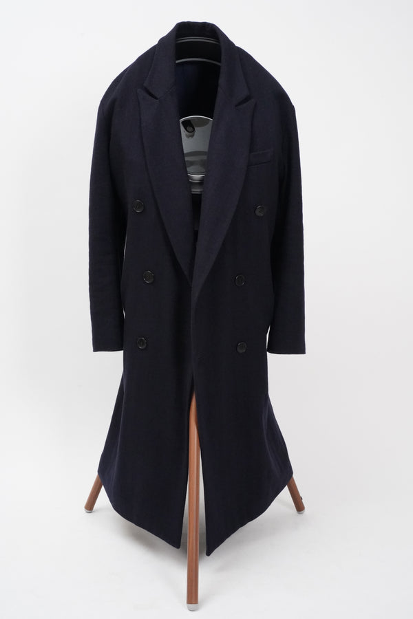 -DARK BLUE HERRINGBONE WOOL 6BW LONG COAT-