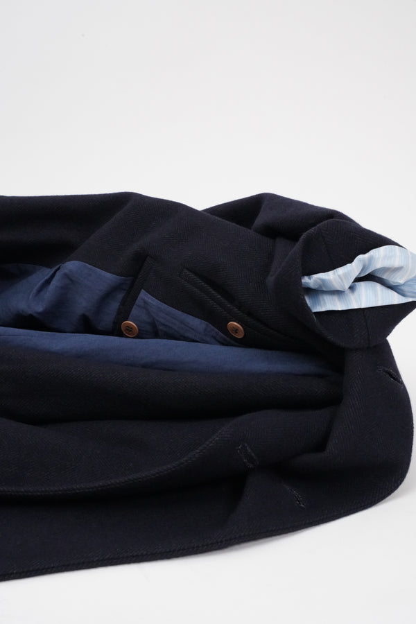 -DARK BLUE HERRINGBONE WOOL 6BW LONG COAT-