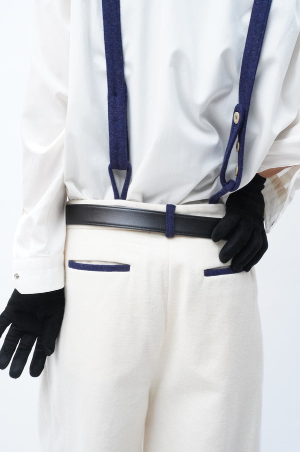 WHITE WOOL 1TUCK WIDE TROUSER WITH SUSPENDER