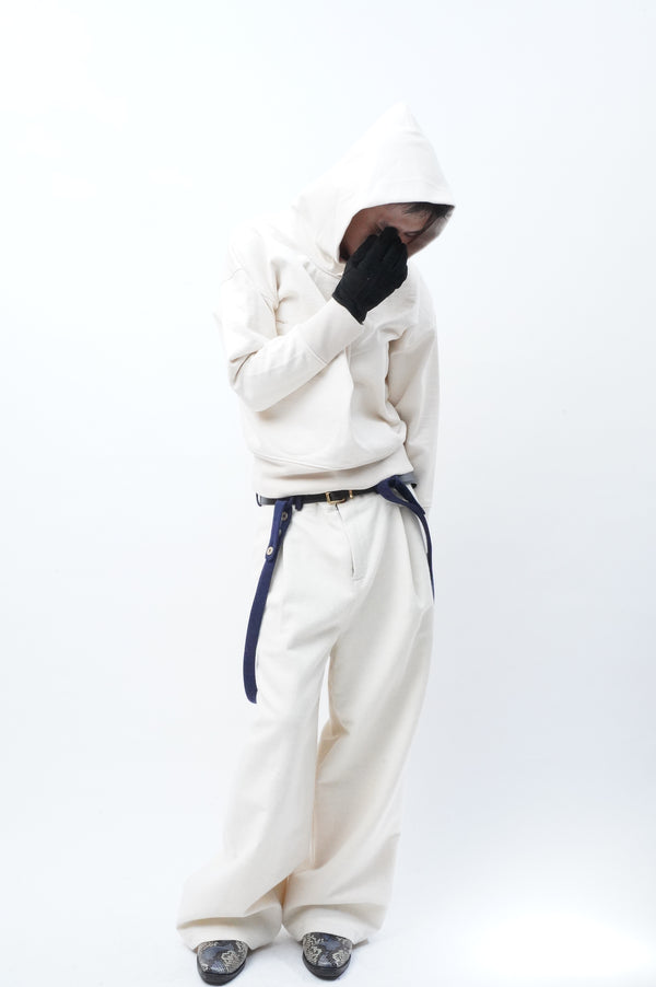 WHITE WOOL 1TUCK WIDE TROUSER WITH SUSPENDER